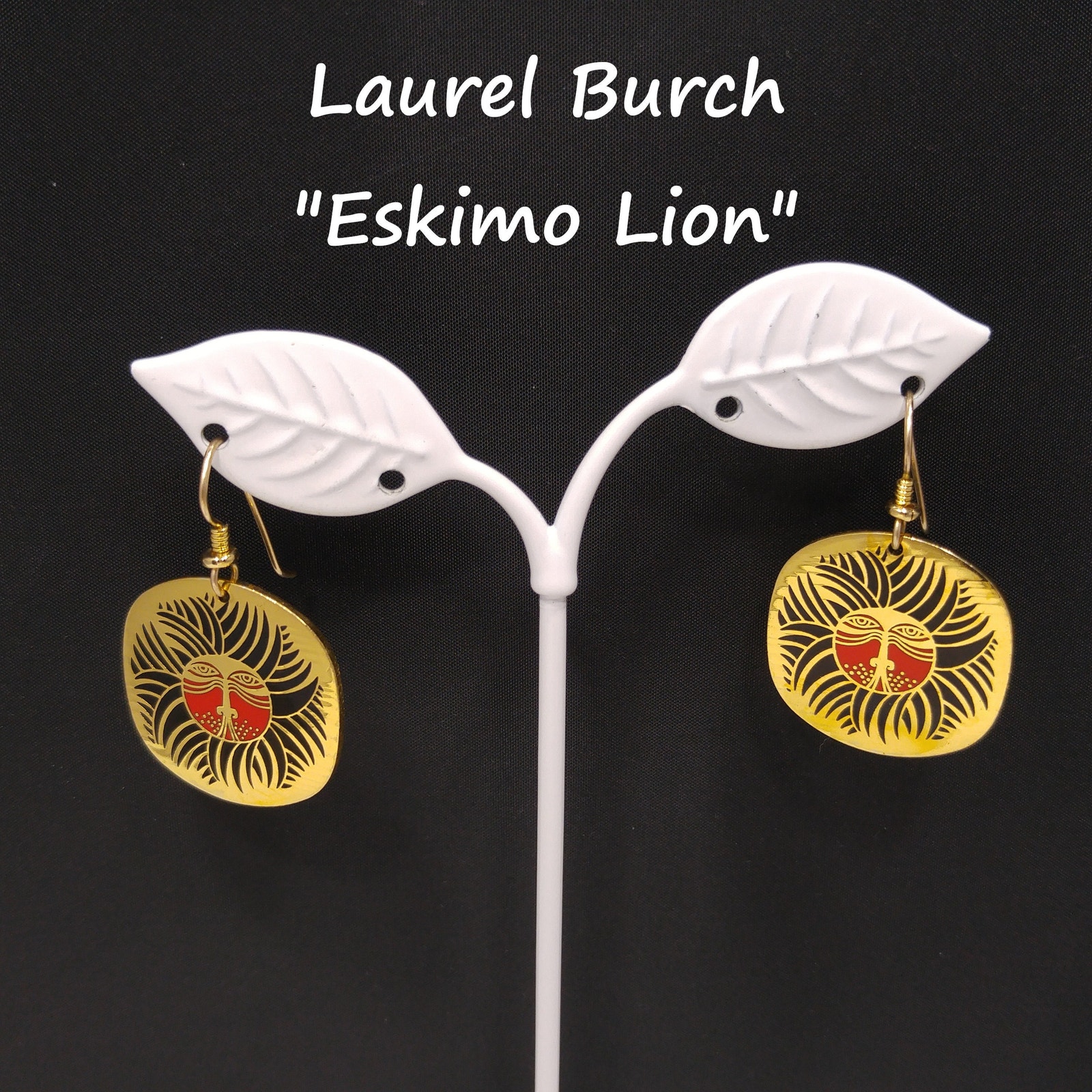 Laurel Burch Eskimo Lion Earrings Red Face Black Mane Gold Cloisonn 1980s